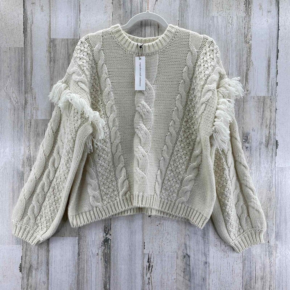 Cupcakes and Cashmere Boho Cozy Sweater Large Cream Cable Knit Fringe Wool Blend - Picture 3 of 10